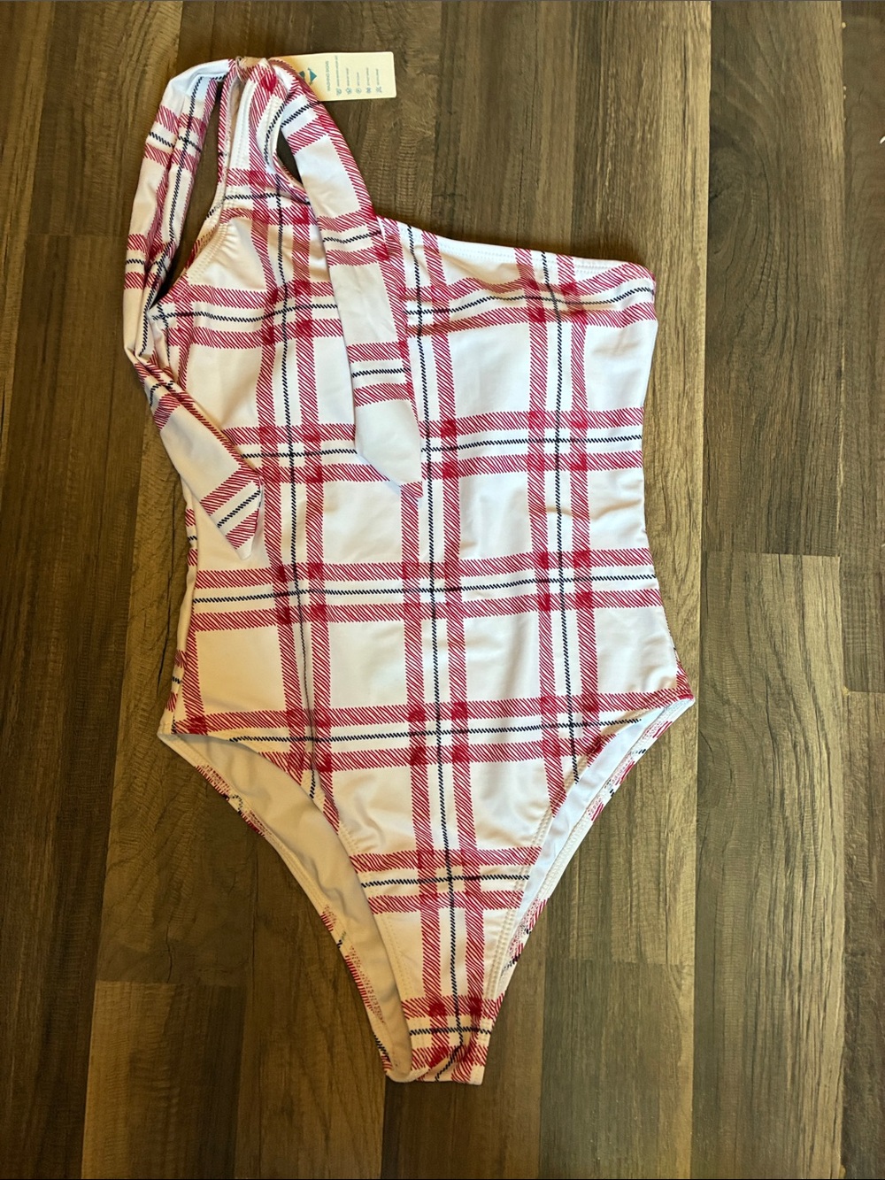 One-Shoulder Plaid Swimsuit in White and Red- NWT- Size Medium